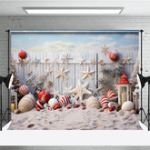 Aperturee Aperturee Coastal Christmas Photography Backdrop Beach Sand with Ornaments and Starfish White Picket Fence Photo Prop